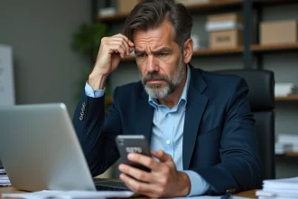 Homme d'affaires en blazer bleu regarde son smartphone au bureau