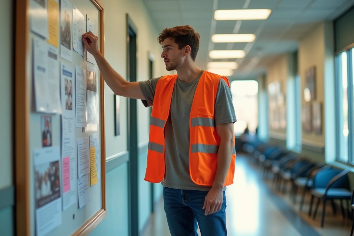 Jeune homme accrochant des flyers dans un centre communautaire