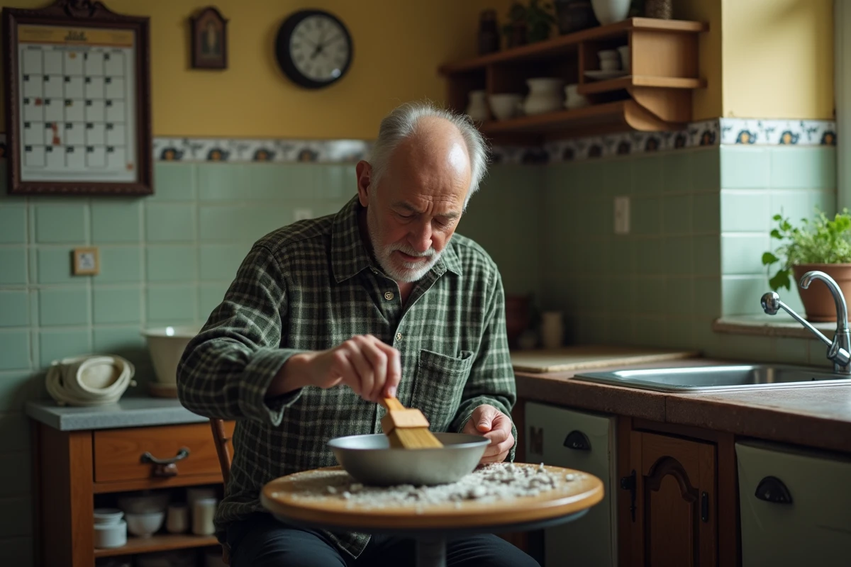 Homme âgé ramassant avec soin les morceaux d'un verre blanc cassé dans une cuisine traditionnelle, évoquant les croyances et superstitions