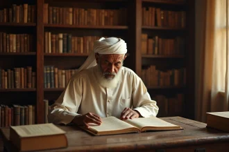 Homme âgé en djellaba lisant un manuscrit ancien