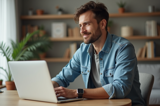Homme concentré travaillant sur son ordinateur à domicile