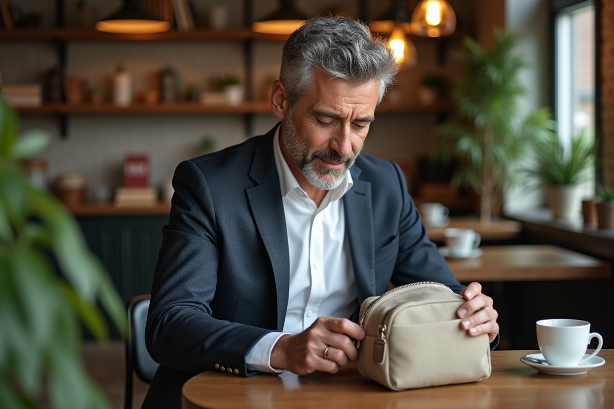 Homme professionnel assis au café avec sac à bandoulière