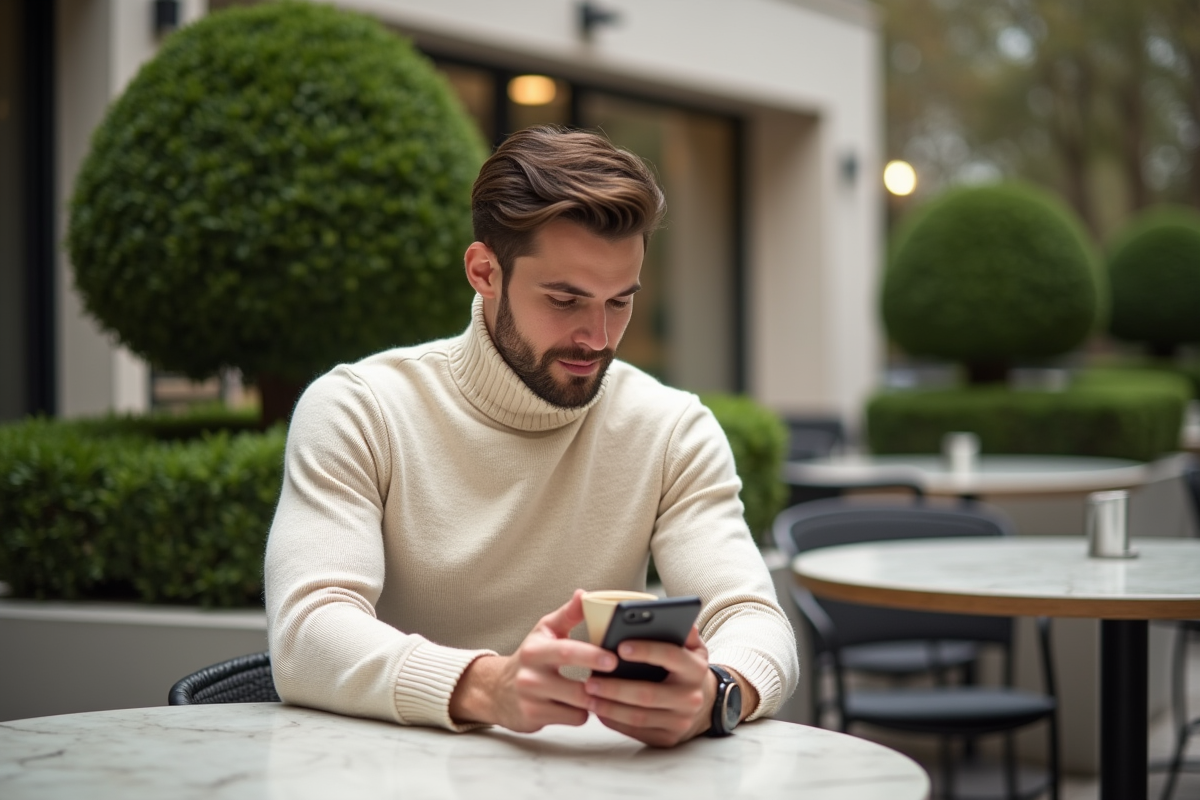 Jeune homme en cachemire dans un café urbain moderne