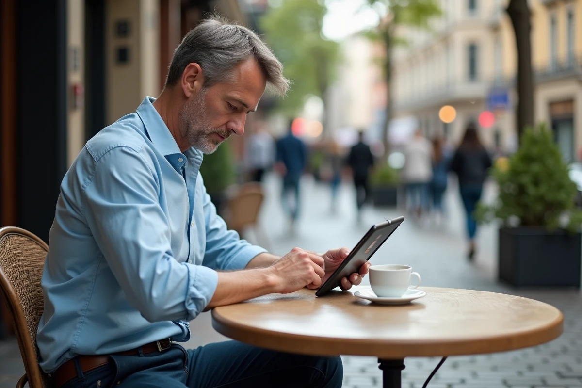 Homme lisant sur tablette dans un café en ville