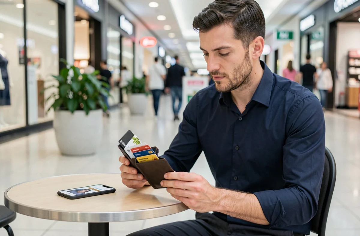 Homme consultant ses chèques cadeaux Infini dans un centre commercial pour comprendre les options de paiement fractionné