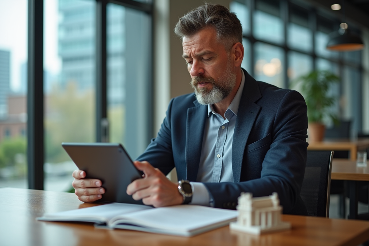 Homme en coworking suit formation en ligne sur tablette