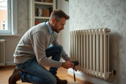 Homme en sweater retire un radiateur électrique ancien