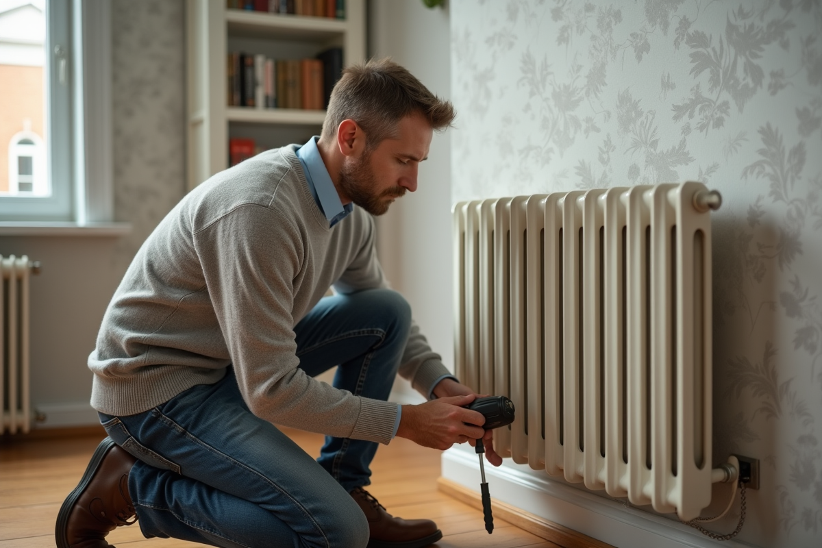 Homme en sweater retire un radiateur électrique ancien