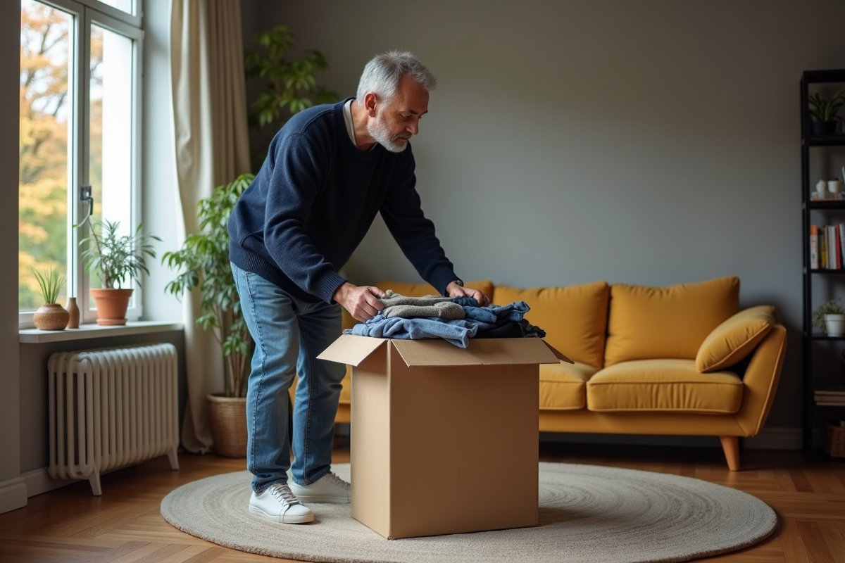 Homme triant des vêtements dans un salon chaleureux