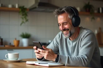 Homme d'âge moyen écoute un podcast dans sa cuisine moderne