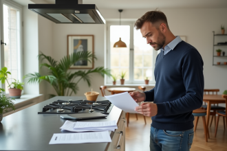 Homme d'âge moyen examinant des papiers dans une cuisine moderne