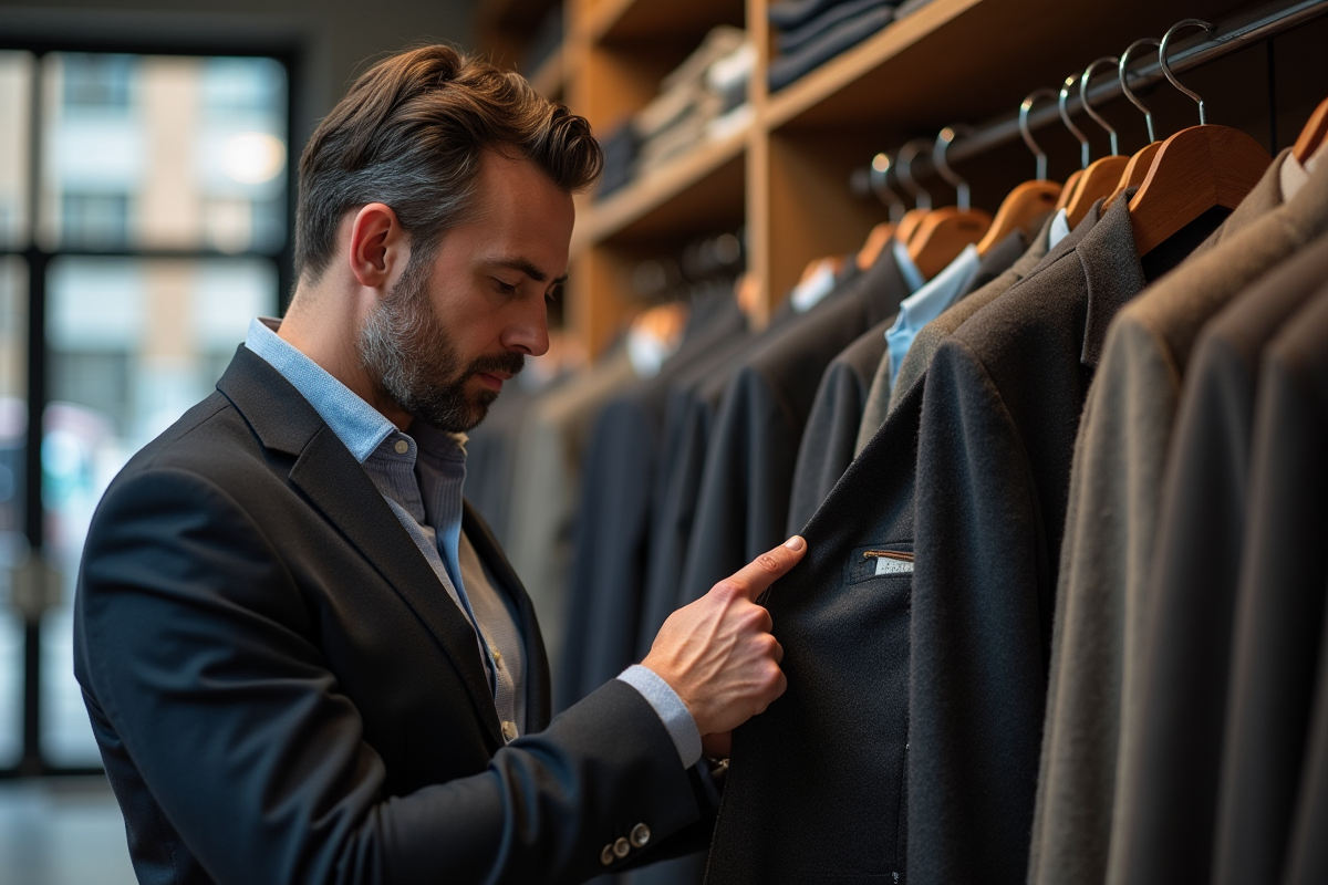 Homme examine un costume dans une boutique élégante