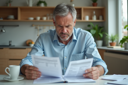Homme d'âge moyen en tenue décontractée regarde ses relevés bancaires