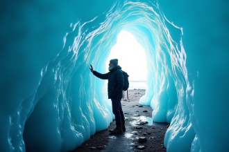 Homme islandais devant une grotte de glace bleue
