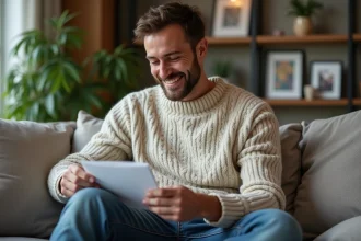 Homme souriant lisant une note dans un salon cosy