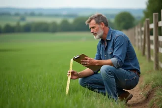 Homme mesurant un champ vert avec ruban et clipboard