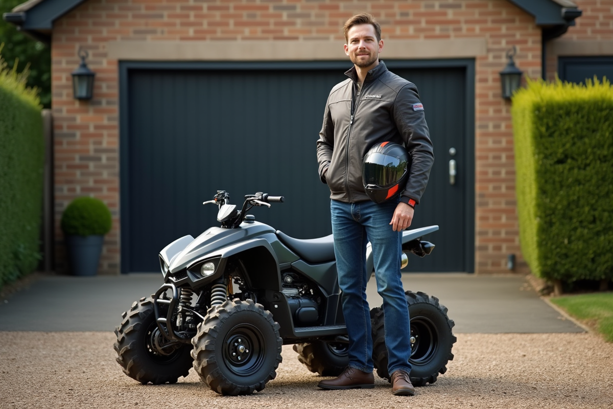 Homme avec casque et veste moto près d'un quad moderne