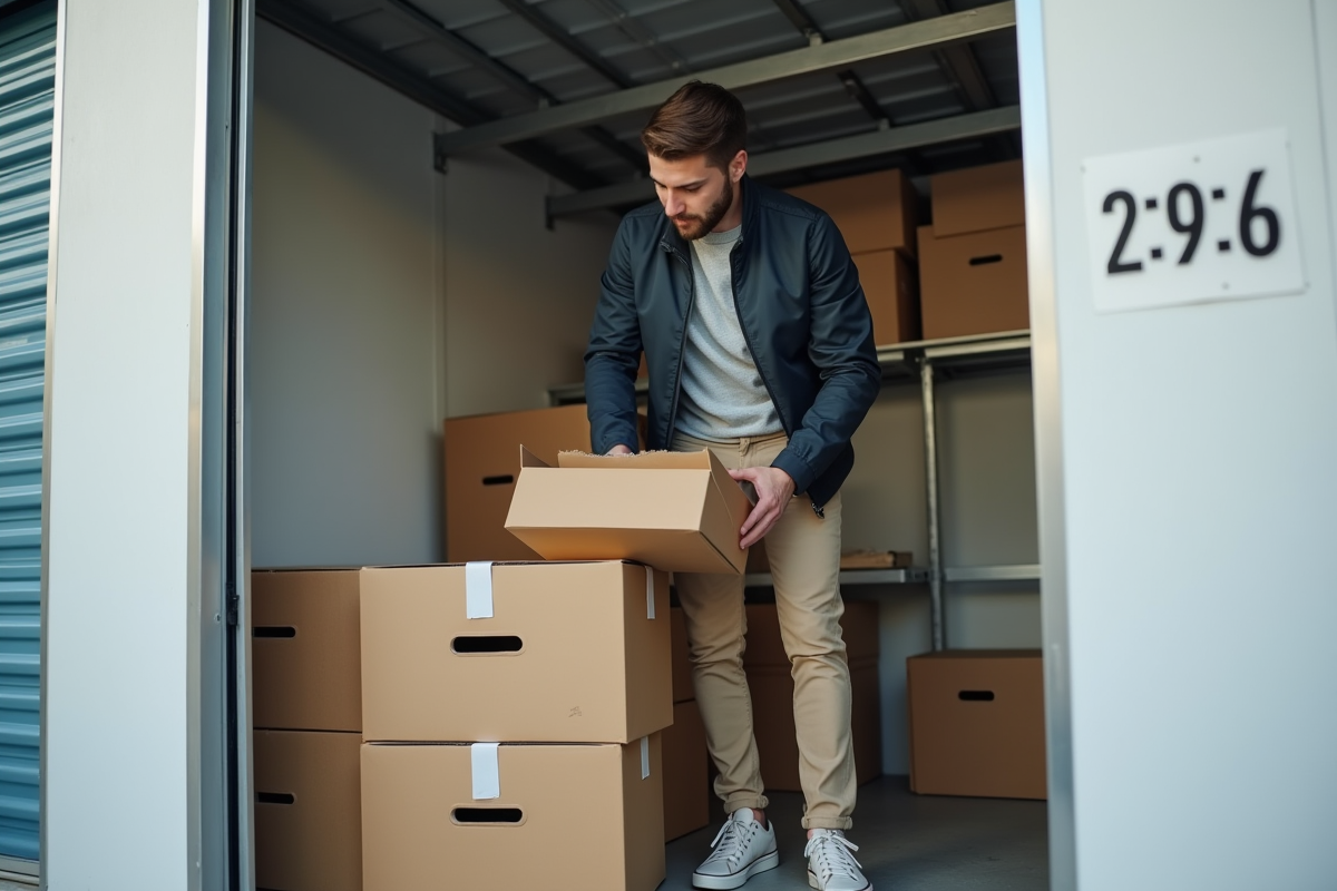 Jeune homme organisant des cartons dans un espace de stockage intérieur