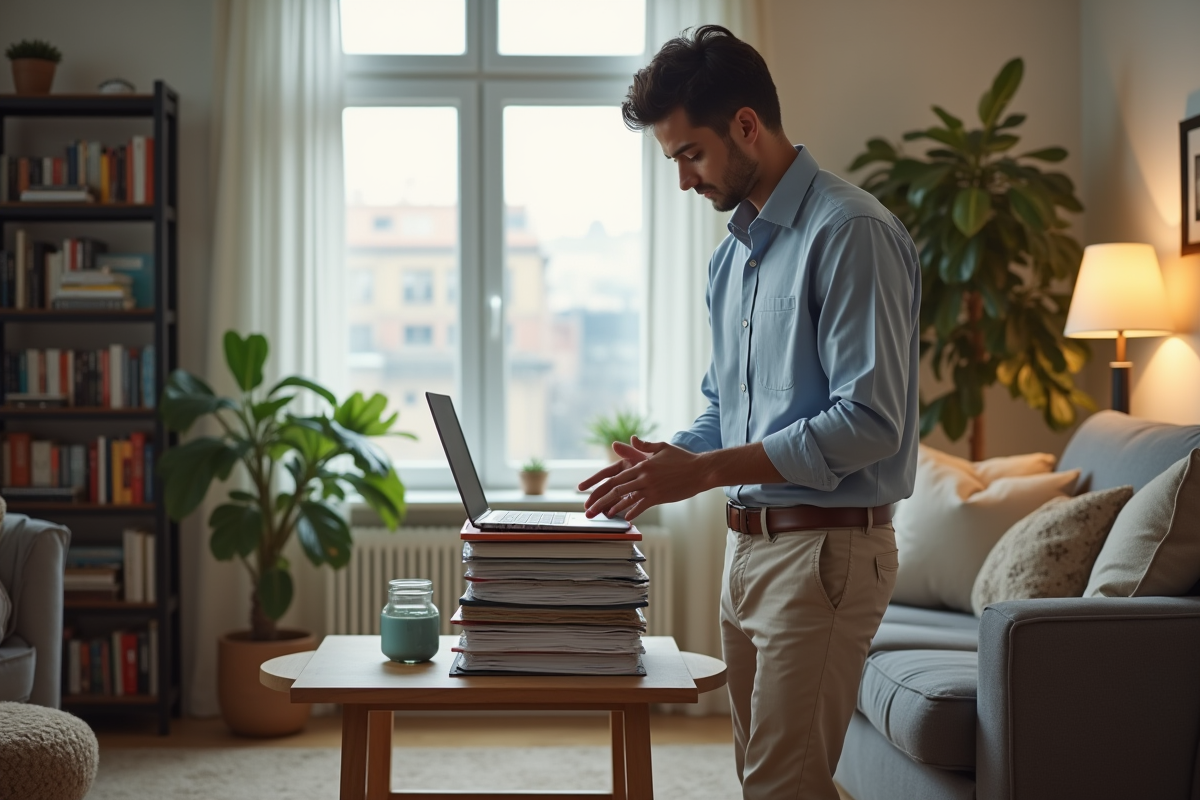 Jeune homme organisant des dossiers dans son salon cosy