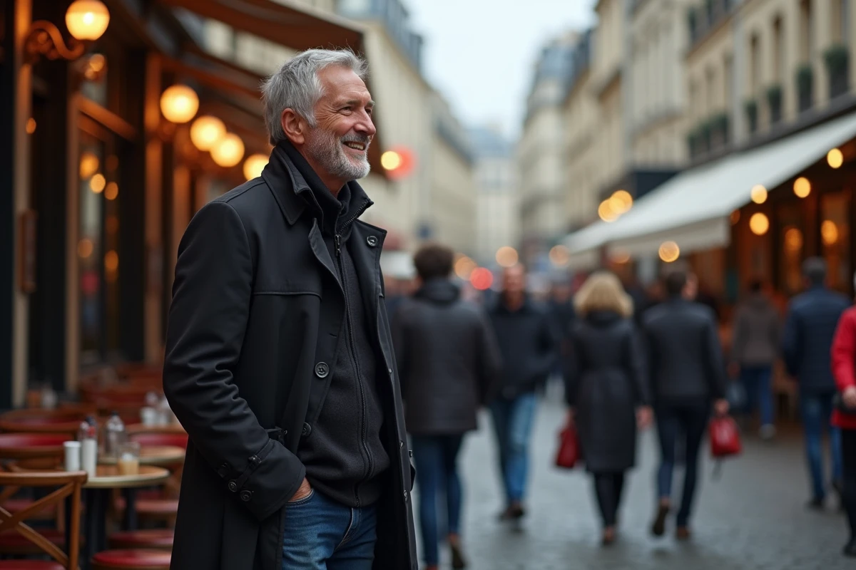 Homme en manteau discutant dans une rue parisienne