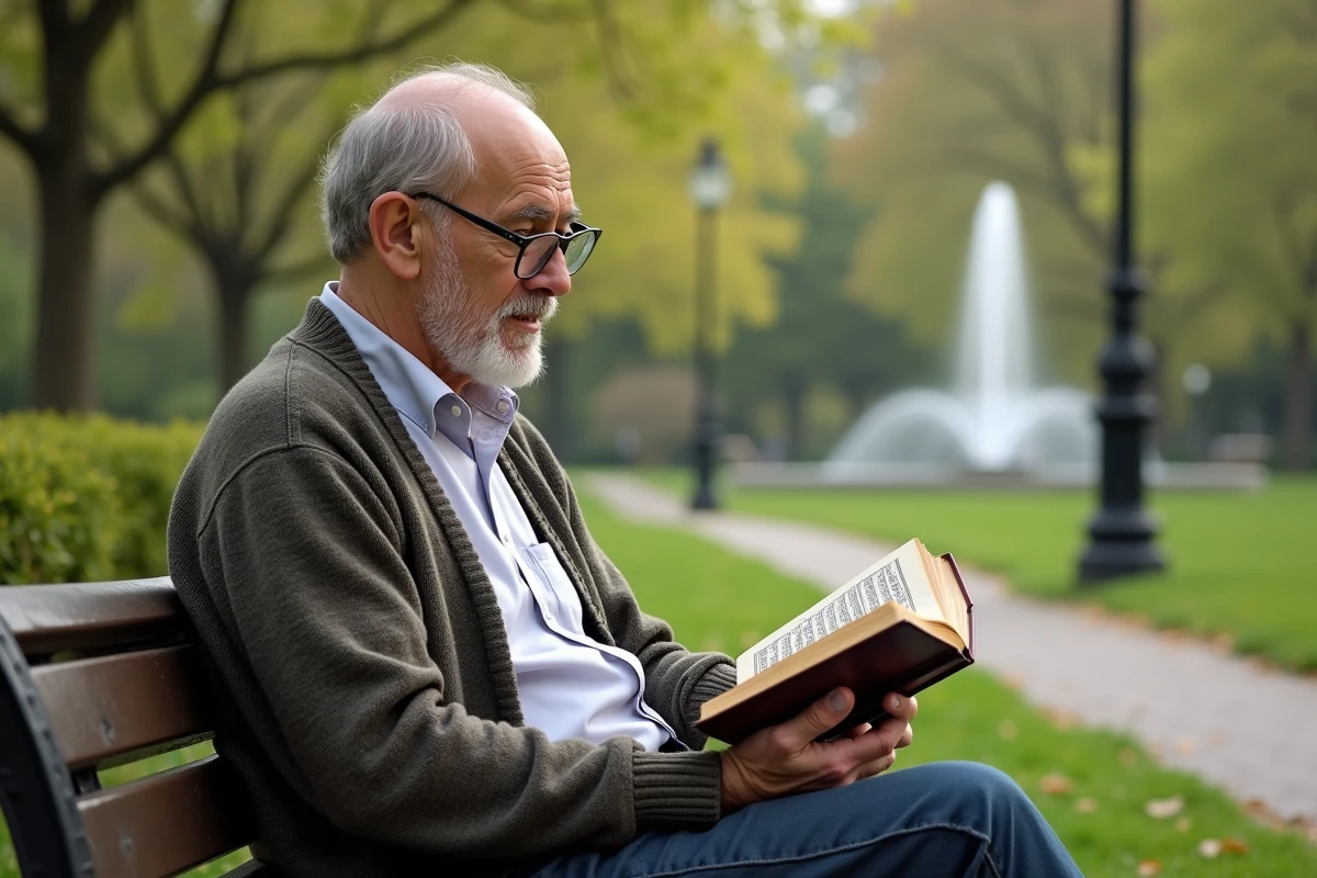 Homme âgé récitant le Quran dans un parc en plein air