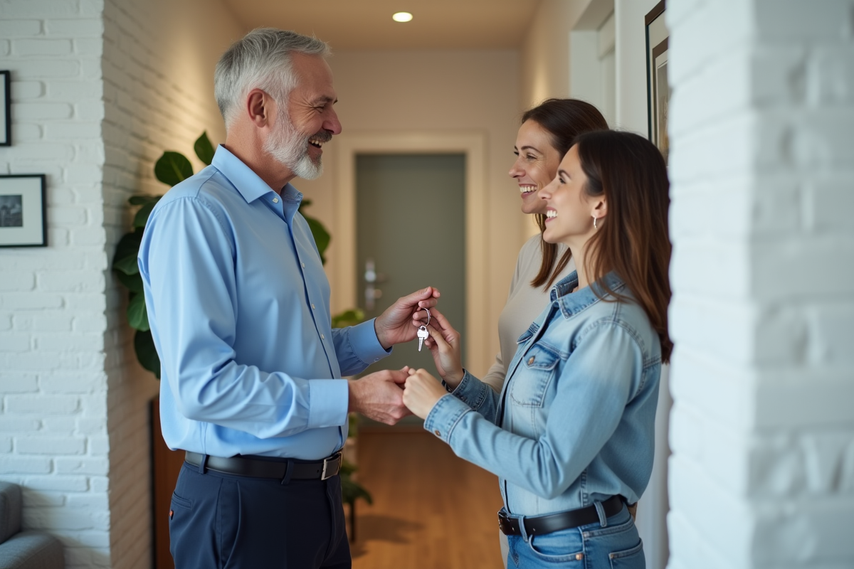 Homme remettant des clés à un couple dans un couloir moderne