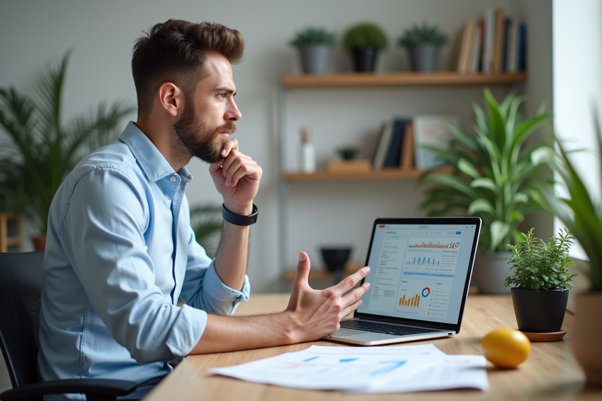 Homme concentré travaillant sur SEO dans un bureau moderne