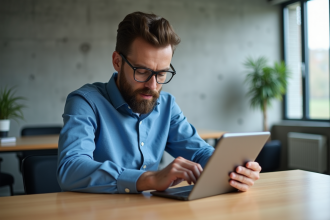 Homme d affaires utilisant une tablette dans un bureau moderne