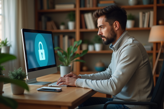 Homme travaillant sur un ordinateur portable dans un bureau cosy