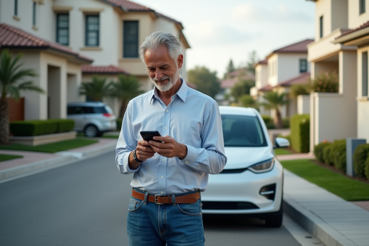 Homme souriant utilisant une application sur smartphone à côté d