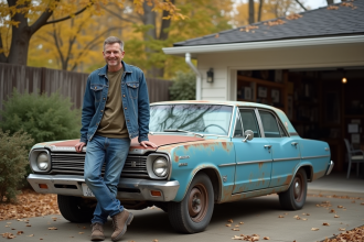 Homme d'âge moyen souriant à côté d'une voiture ancienne