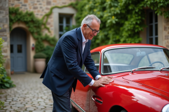 Homme en blazer polissant une voiture classique rouge