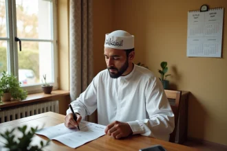 Homme consultant le calendrier des horaires de prière islamique à Mons-en-Barœul avec un calendrier hijri et grégorien