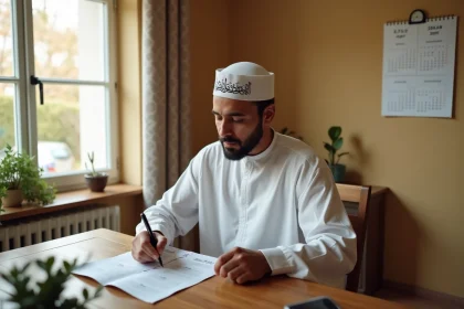Homme consultant le calendrier des horaires de prière islamique à Mons-en-Barœul avec un calendrier hijri et grégorien