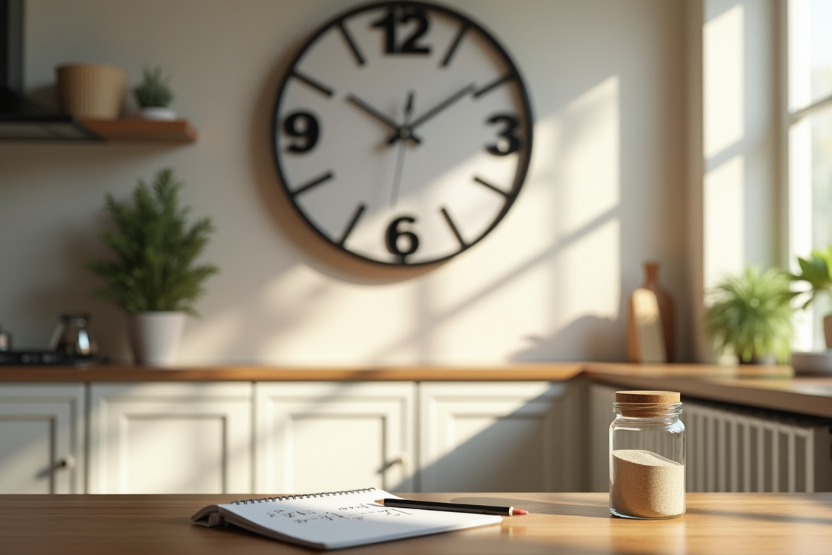 Horloge murale dans une cuisine lumineuse avec sable et équations