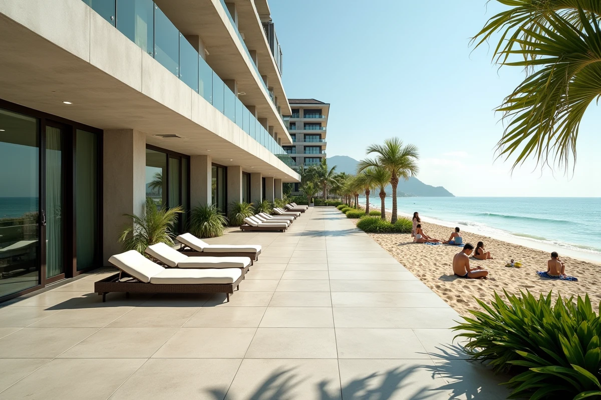 Terrasse d'hôtel moderne à Patong Beach Phuket montrant la reconstruction post-tsunami avec touristes se relaxant sur la plage rénovée
