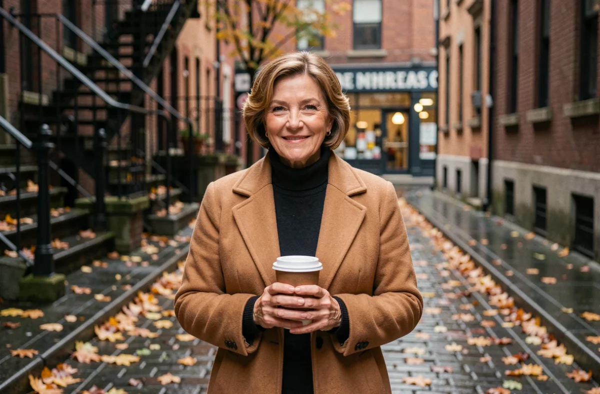 Icône de la chanson canadienne dans une ruelle montréalaise en automne tenant un café avec un sourire authentique