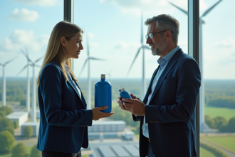 Ingénieur homme expliquant l'hydrogene à une collègue dans un bureau moderne