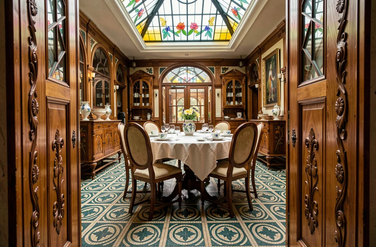 Salle à manger Art nouveau préservée en Belgique avec mobilier en acajou sculpté, sol en mosaïque et verrière colorée au plafond