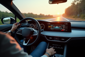 Intérieur moderne de voiture avec tableau de bord digital et indications ADAS