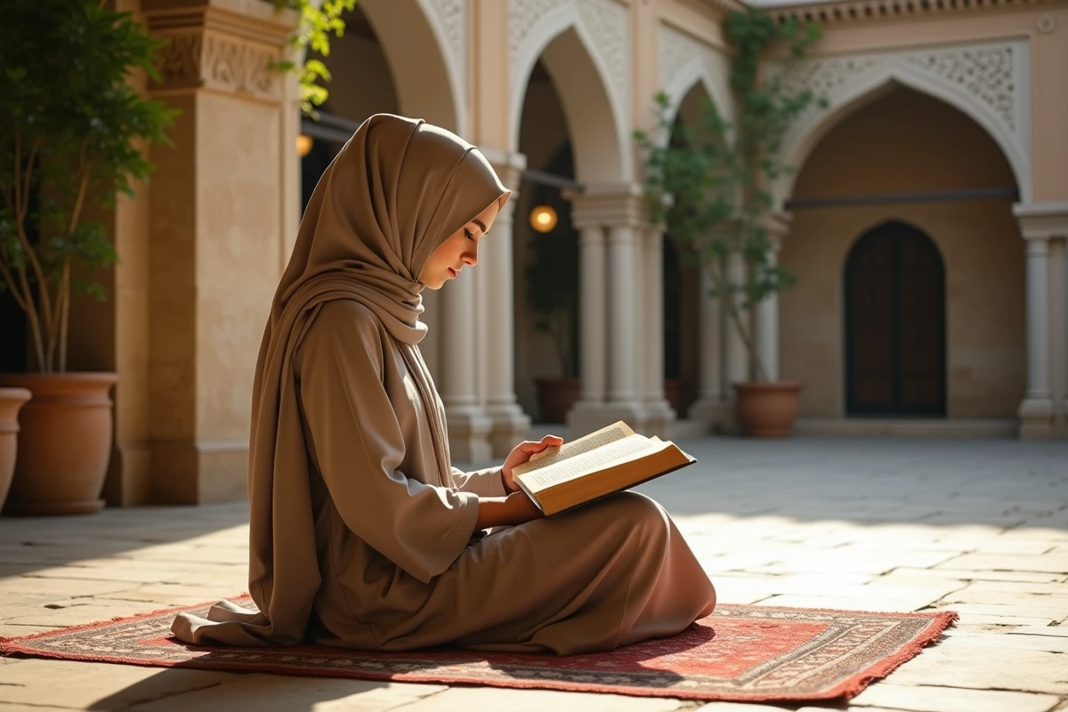 Jeune femme en hijab lisant dans une cour ensoleillee