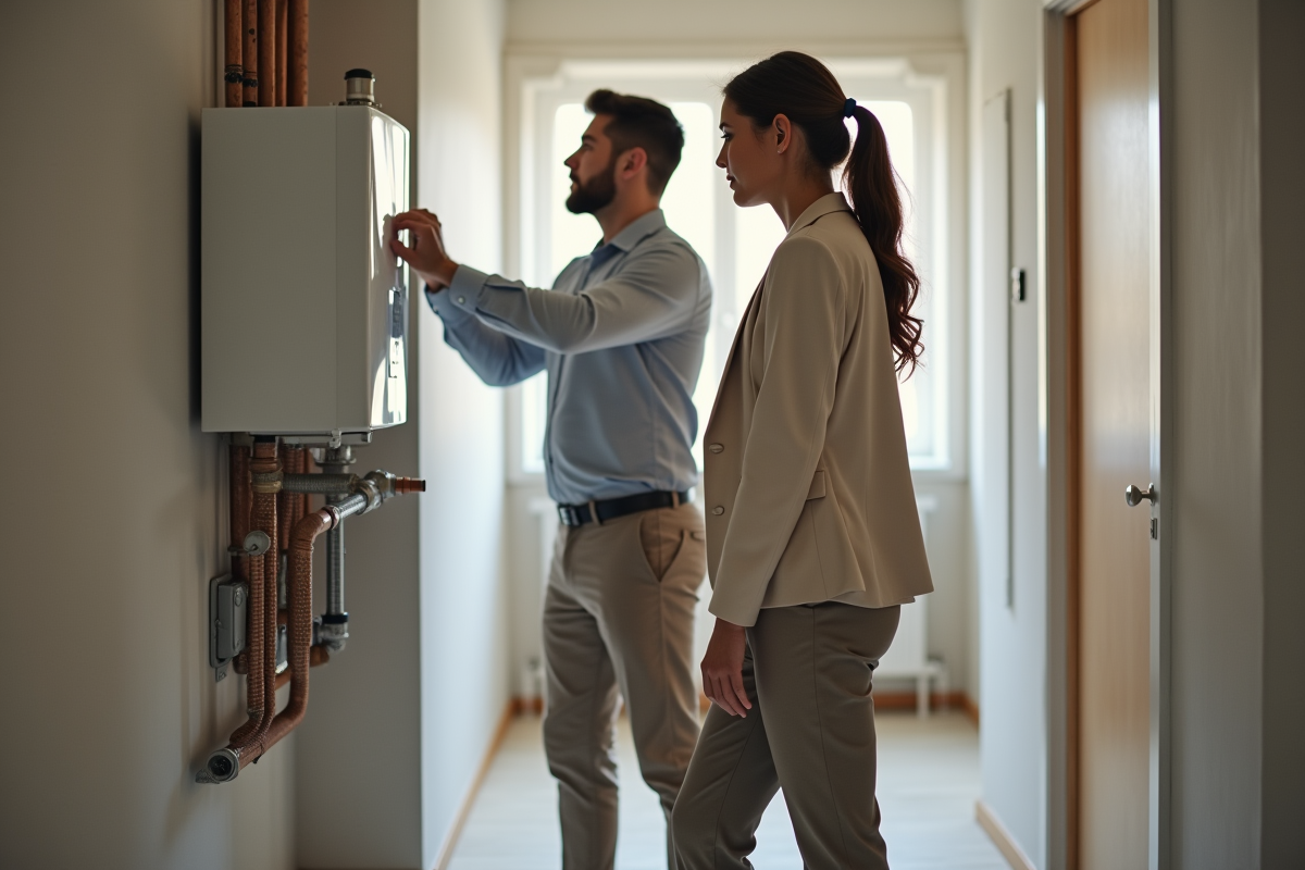Jeune femme observant un expert en énergie dans un couloir lumineux