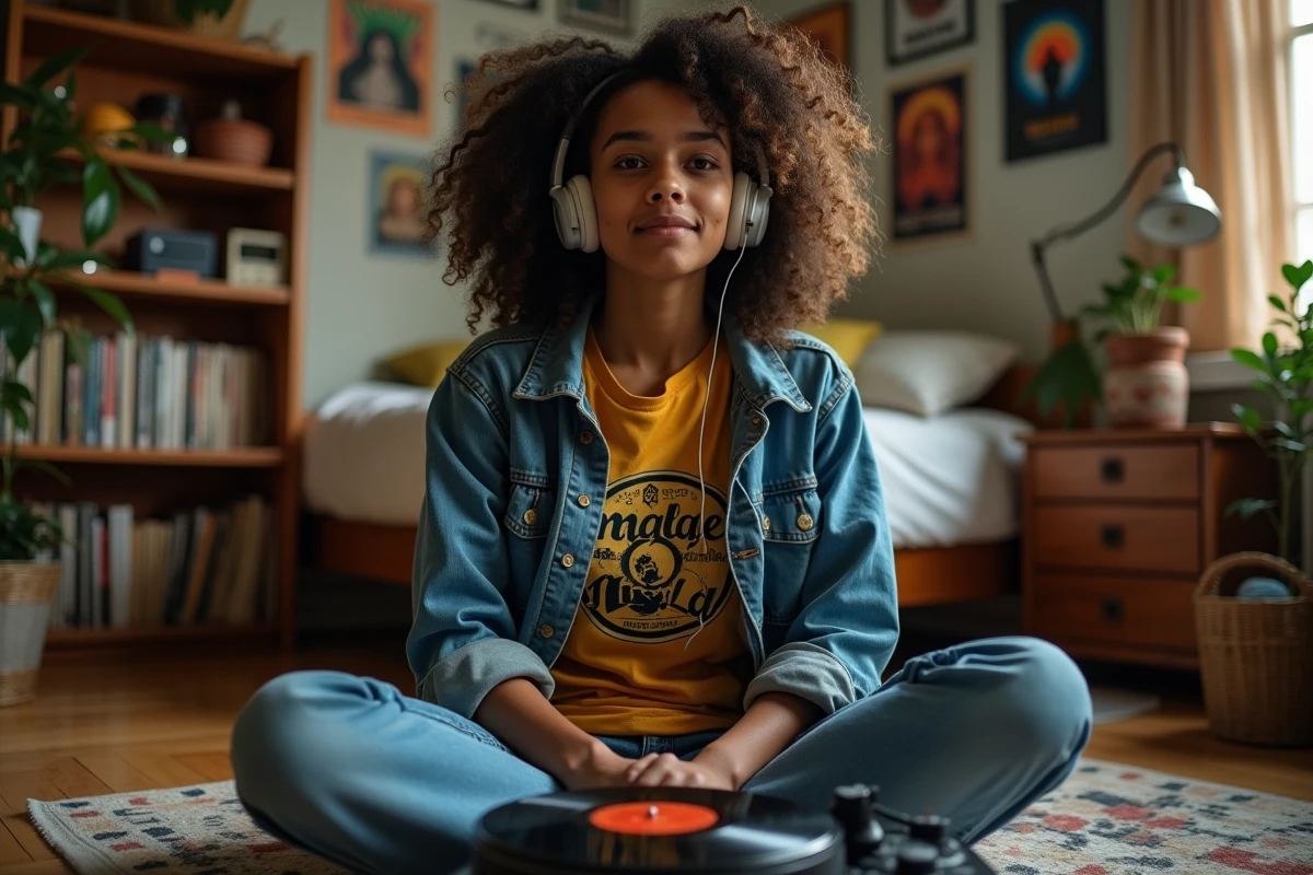 Jeune femme écoutant de la musique reggae sur vinyle dans sa chambre avec des pochettes de disques