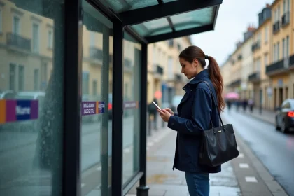Jeune femme en imper bleu vérifiant horaire bus à Lyon