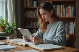 Jeune femme lisant manga sur tablette dans un salon cosy