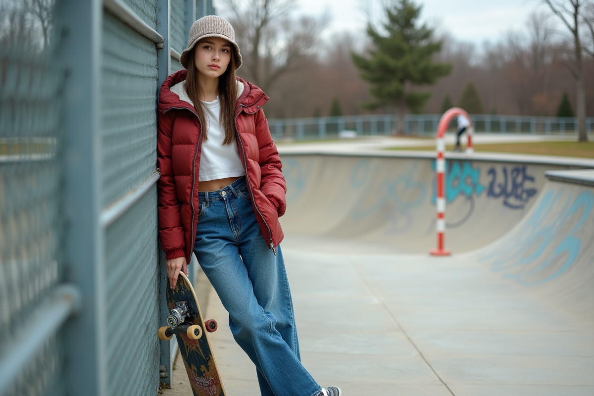 Jeune femme au skatepark avec skateboard et style décontracté