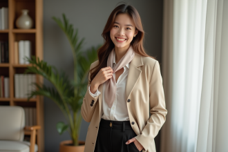 Jeune femme élégante en blazer et foulard dans un intérieur moderne