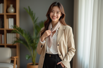 Jeune femme élégante en blazer et foulard dans un intérieur moderne