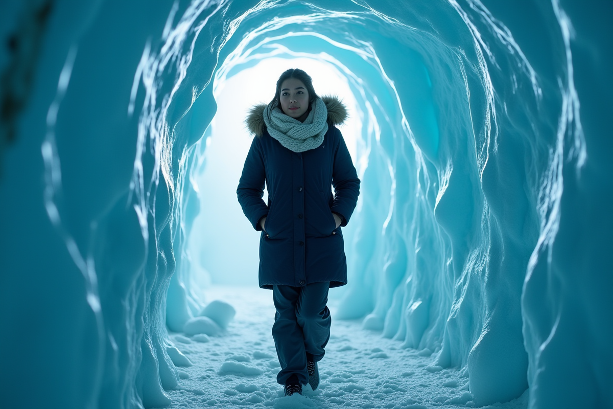 Jeune femme dans un tunnel de glace bleue