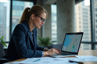 Jeune femme en urbanisme analysant une carte numérique